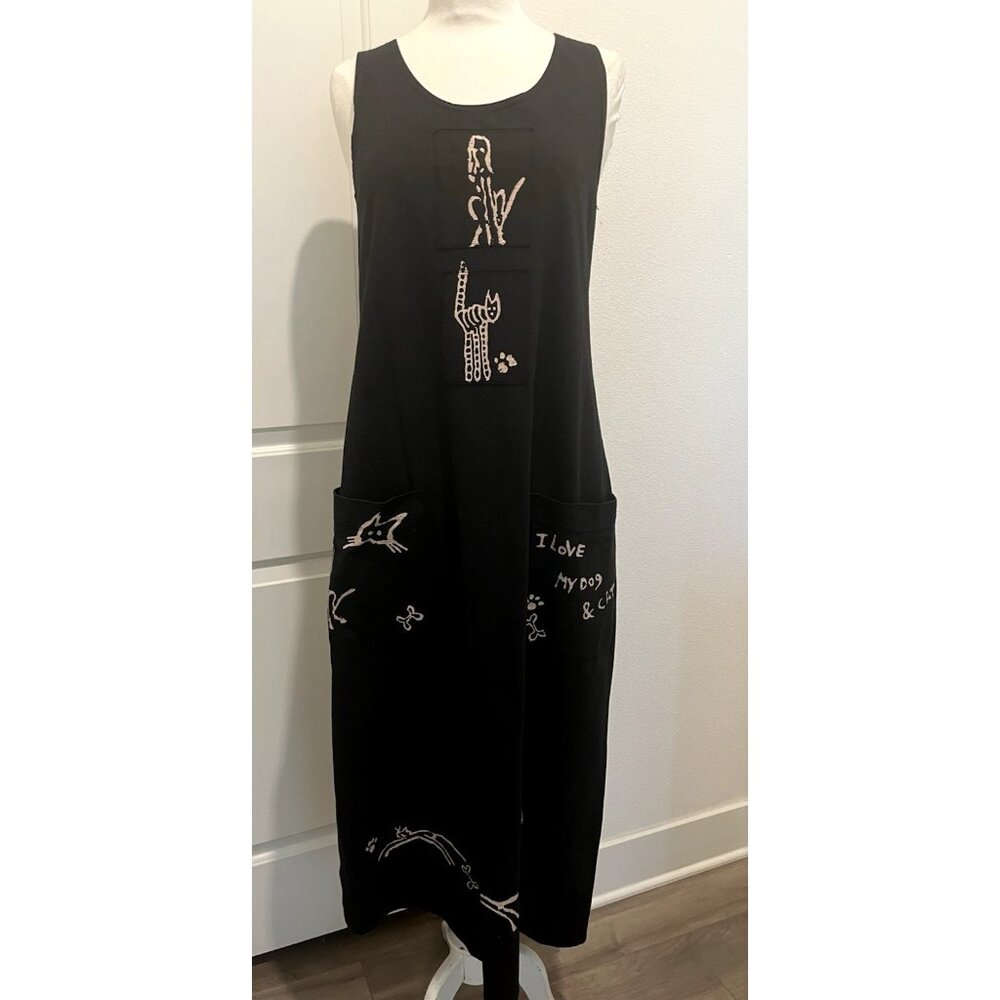 Viva City Dress Women's size S Black Artsy Casual Cat Lady Dog Lover Maxi Dress